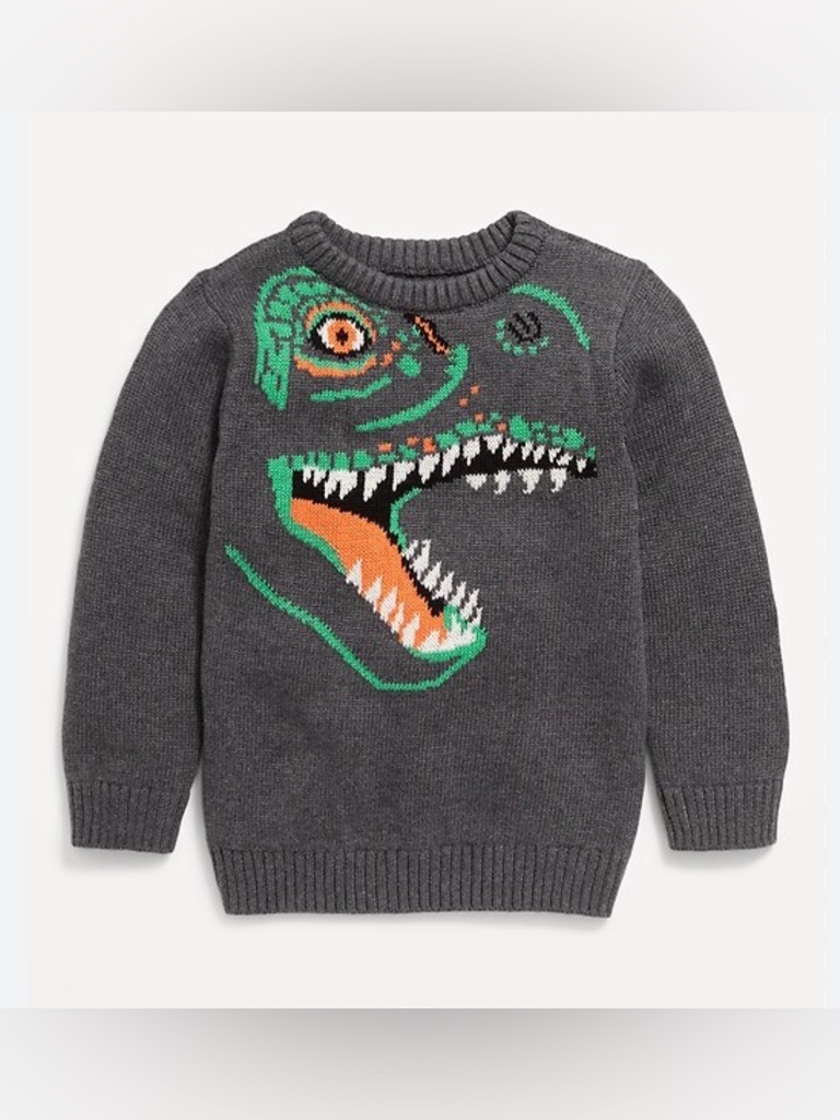 Old Navy Gray Sweater With Green & Orange Dinosaur